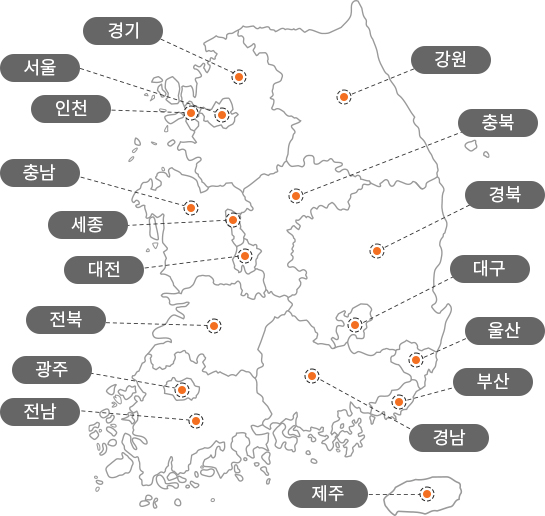 위원회 및 시·도별 접수 문의처 지도이며 서울특별시, 6대 광역시, 8도, 세종특별자치시, 제주특별자치도에 각 1곳씩 총 17곳이 있습니다.